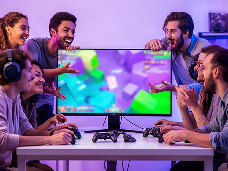 Friends at a shared gaming setup reviewing a colorful multiplayer match on a large monitor