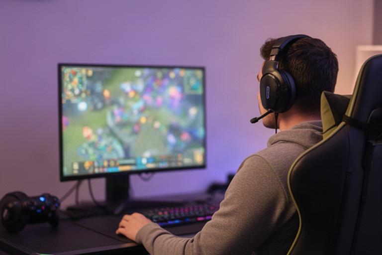Player at a desktop gaming setup reviewing an online multiplayer match in a softly lit home office