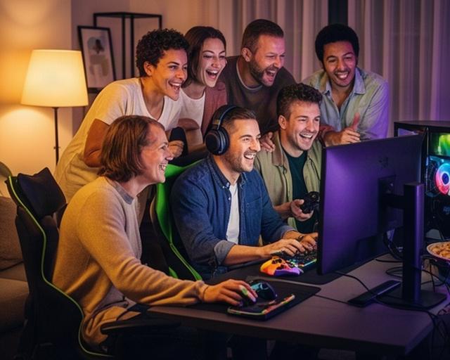 Friends gathered around a desk playing a multiplayer computer game together in a warmly lit living room